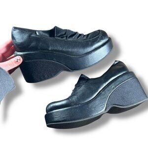 Y2K Cyber Goth Black Platform Wedge Slip-On Shoes